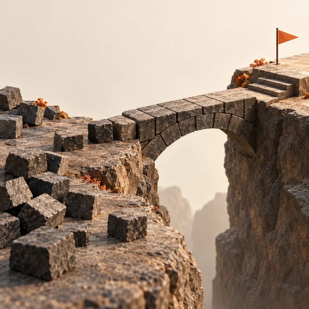 A bridge built from stone blocks leads to a flag on the other side of a gap.